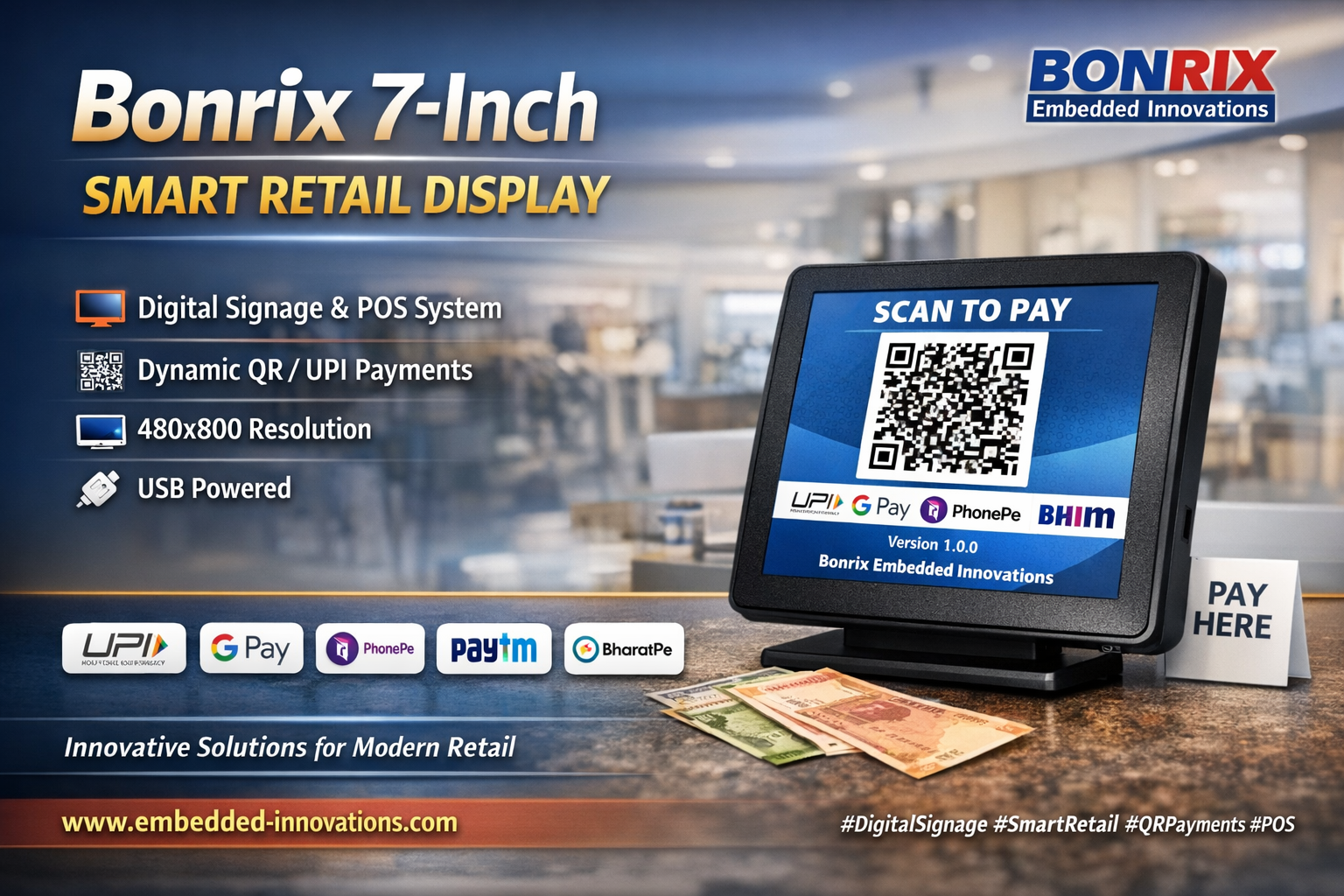 Bonrix 7-Inch Smart Retail Display showing dynamic QR code and promotional content for retail POS