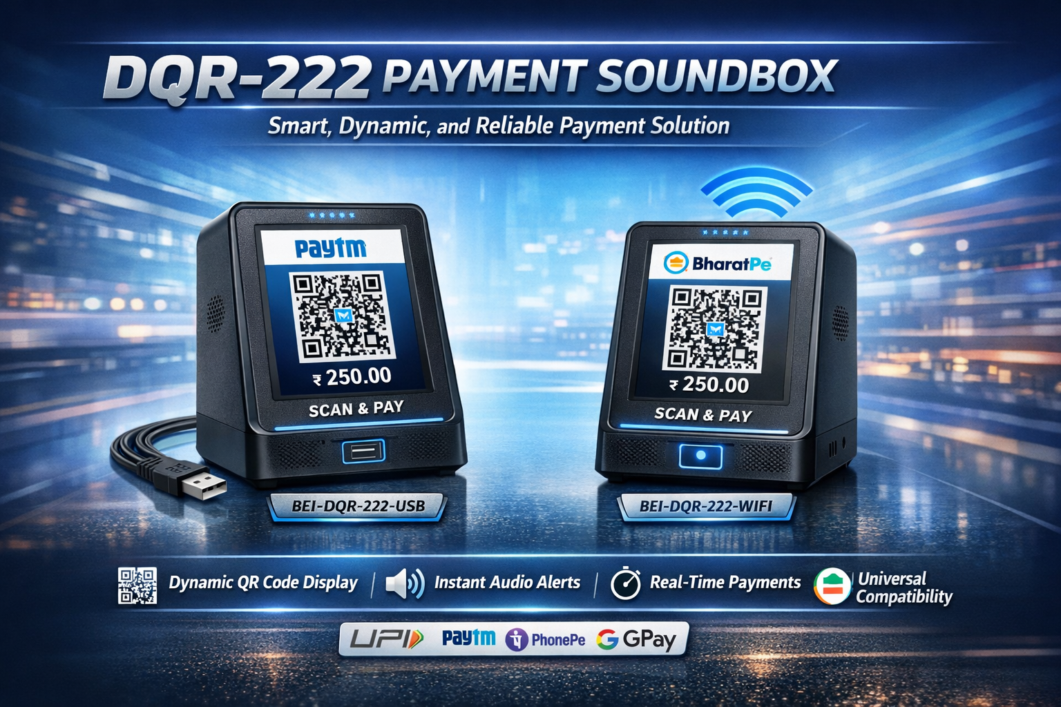 Bonrix DQR-222 Dynamic QR Soundbox Display with 3.5 inch screen and 3W speaker for UPI payments