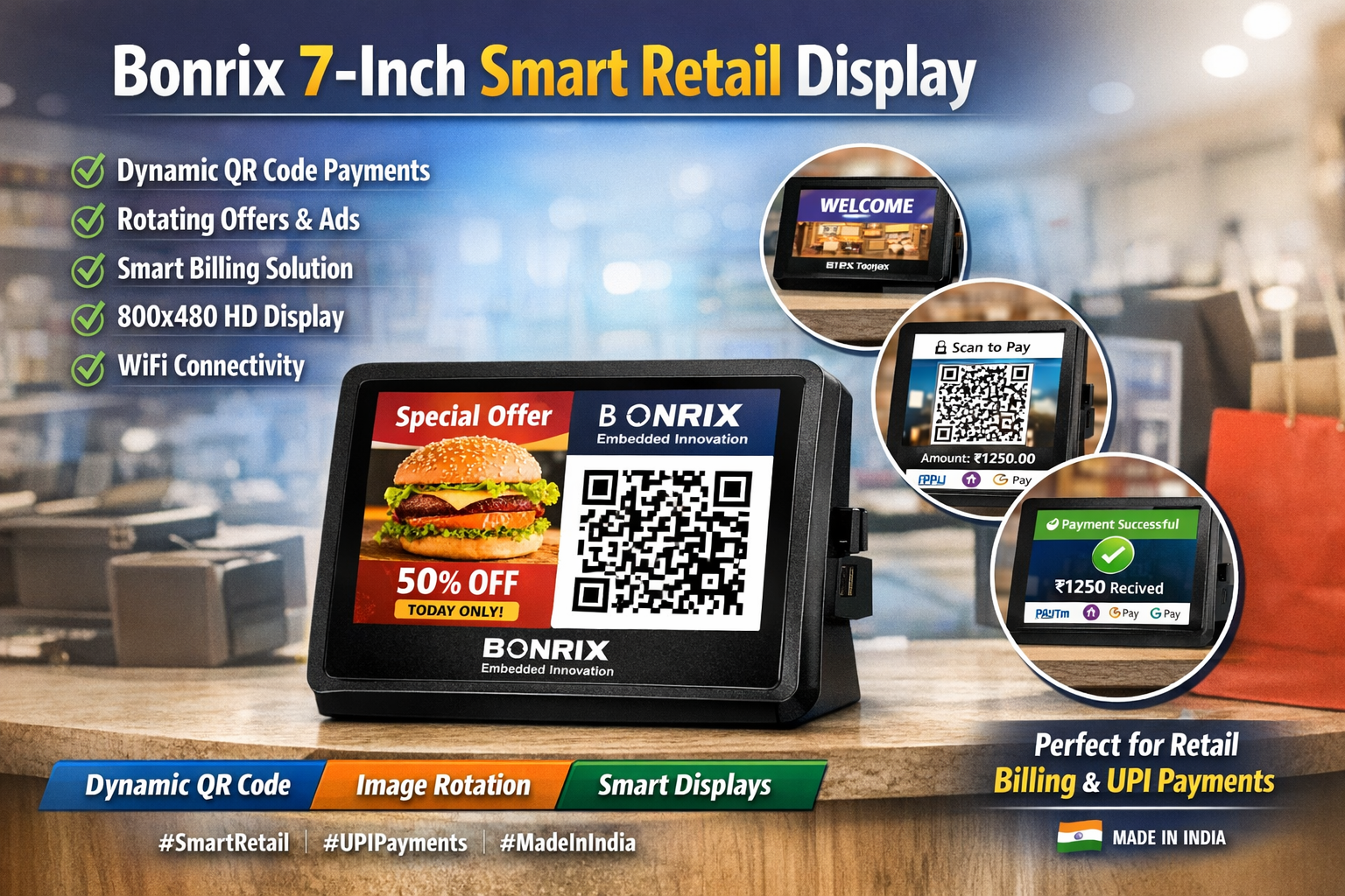Bonrix 7-Inch Smart Retail Dynamic QR Code WiFi Display with 800x480 resolution for UPI payments and digital signage