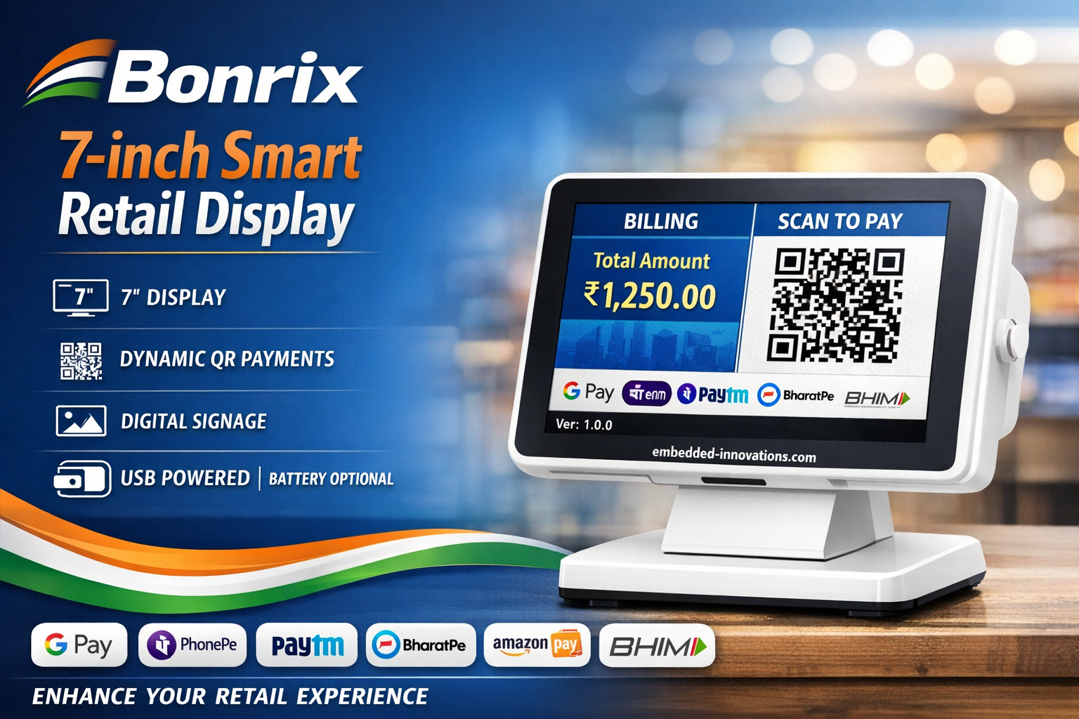 Bonrix 7-Inch Dynamic QR Smart Retail Display with 800x400 resolution for UPI payments and digital signage