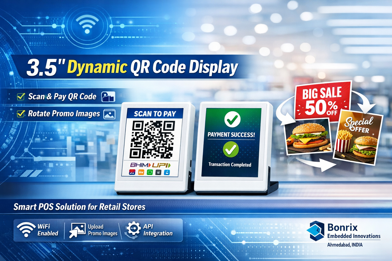Bonrix 3.5 inch Dynamic QR Code Display WiFi with JPEG QR support and promotional image rotation for retail POS
