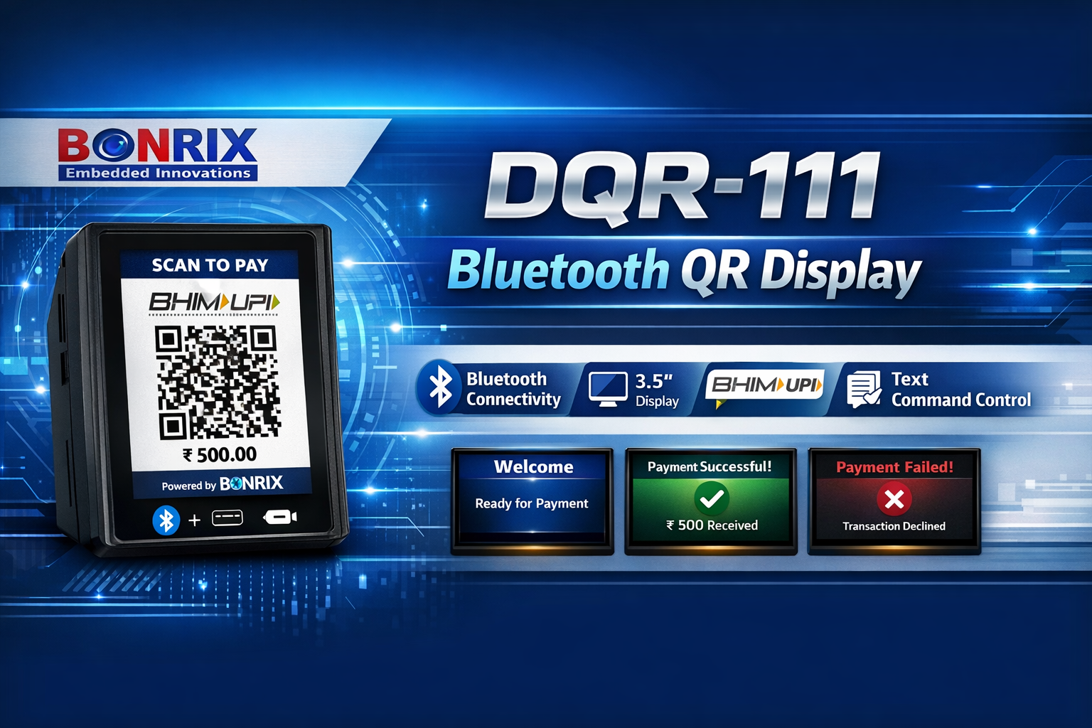 Bonrix DQR-111 Bluetooth Dynamic QR Code Scanner Display with 3.5 inch screen for UPI payments via Android app