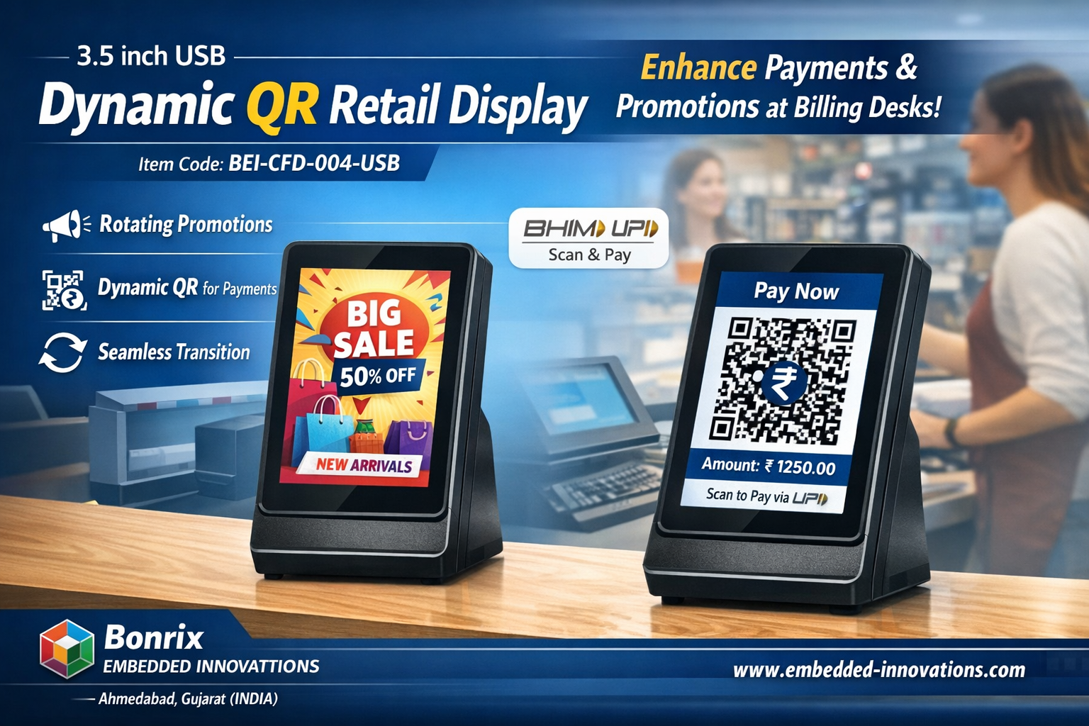 Bonrix 3.5 inch USB Dynamic QR Code Display with image rotation and payment QR for retail billing counters