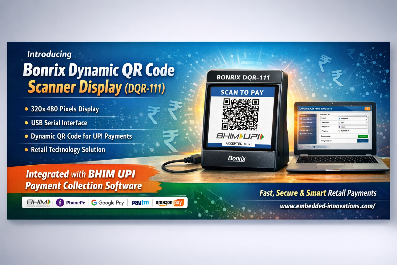 Bonrix DQR-111 IMG Dynamic QR Code Scanner Display with USB-Serial interface for BHIM UPI payments via desktop app