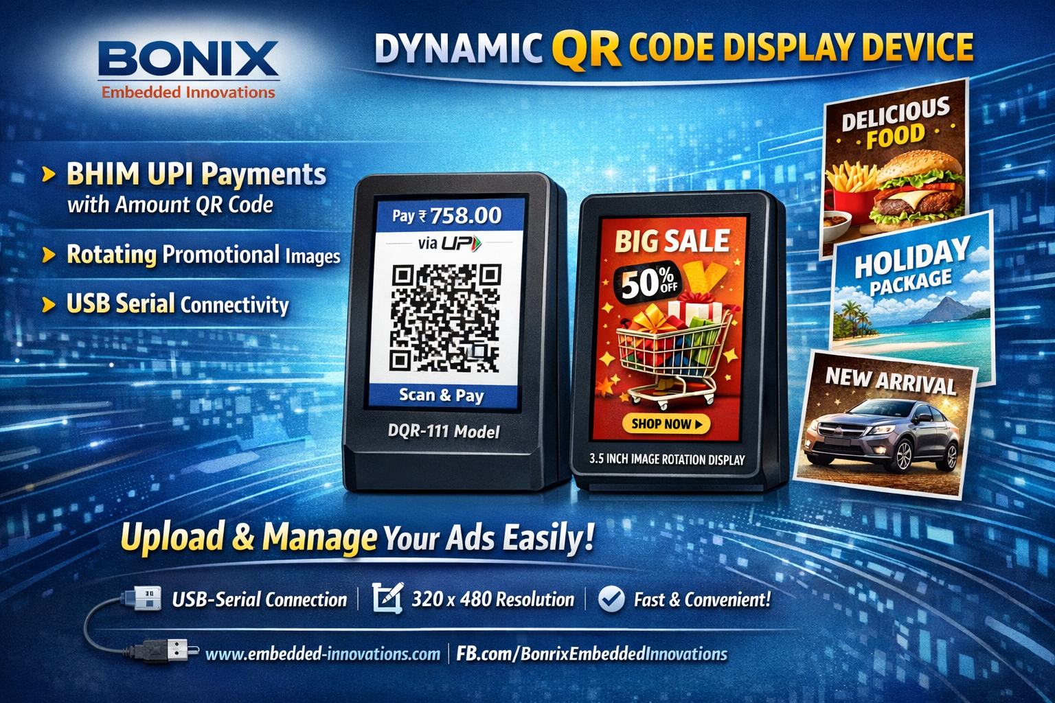 Bonrix Dynamic QR Code Display Device with USB-Serial desktop app for uploading promotional images and QR codes