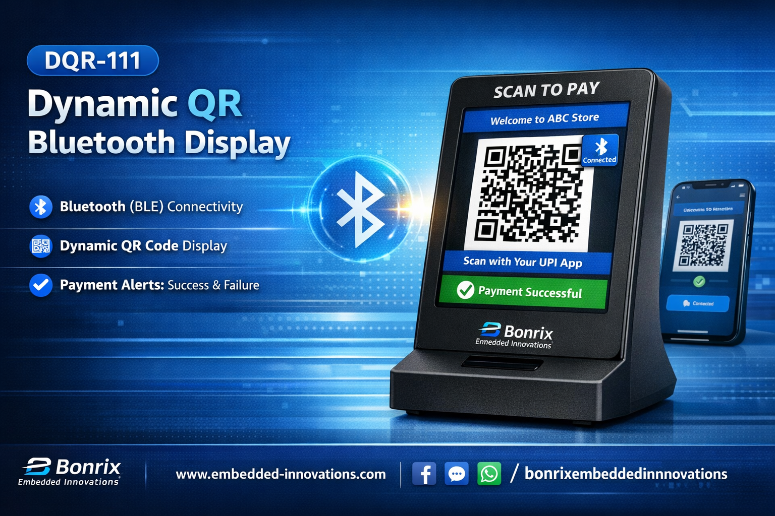 Bonrix DQR-111 BLE Dynamic QR Code Scanner Display with Bluetooth Low Energy connectivity for Android app integration