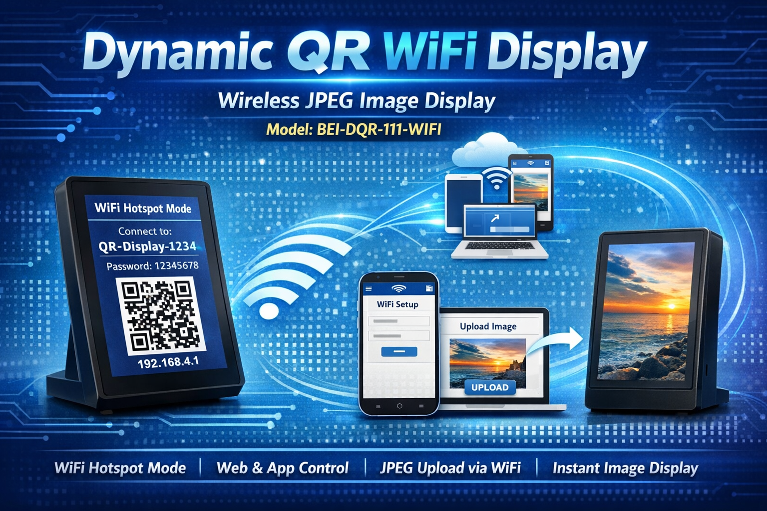 Bonrix DQR-111 WiFi Dynamic QR Code Scanner Display with embedded web server for wireless JPEG image upload