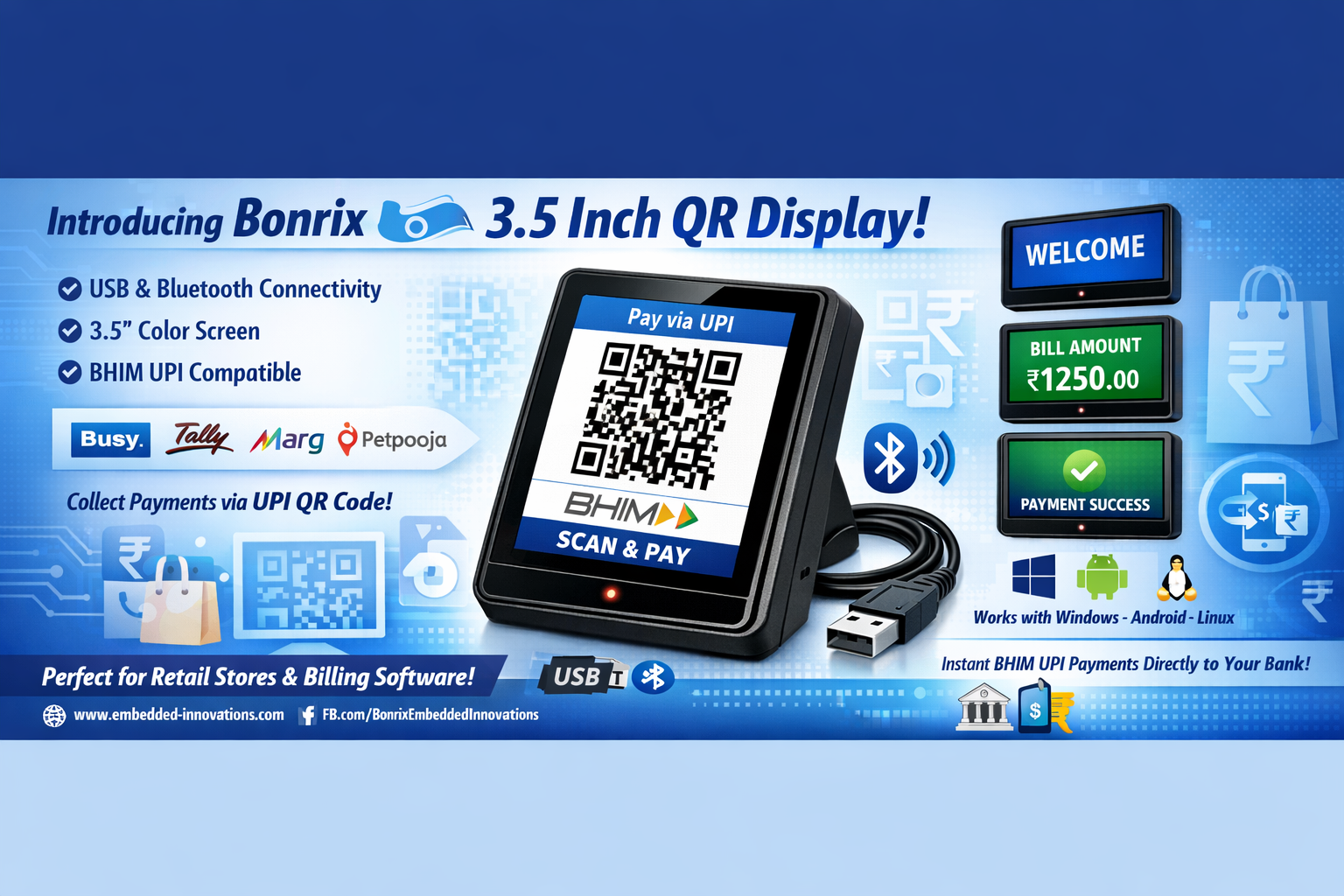 Bonrix 3.5 inch Bluetooth USB Dynamic QR Display for retail POS with BHIM UPI payment collection