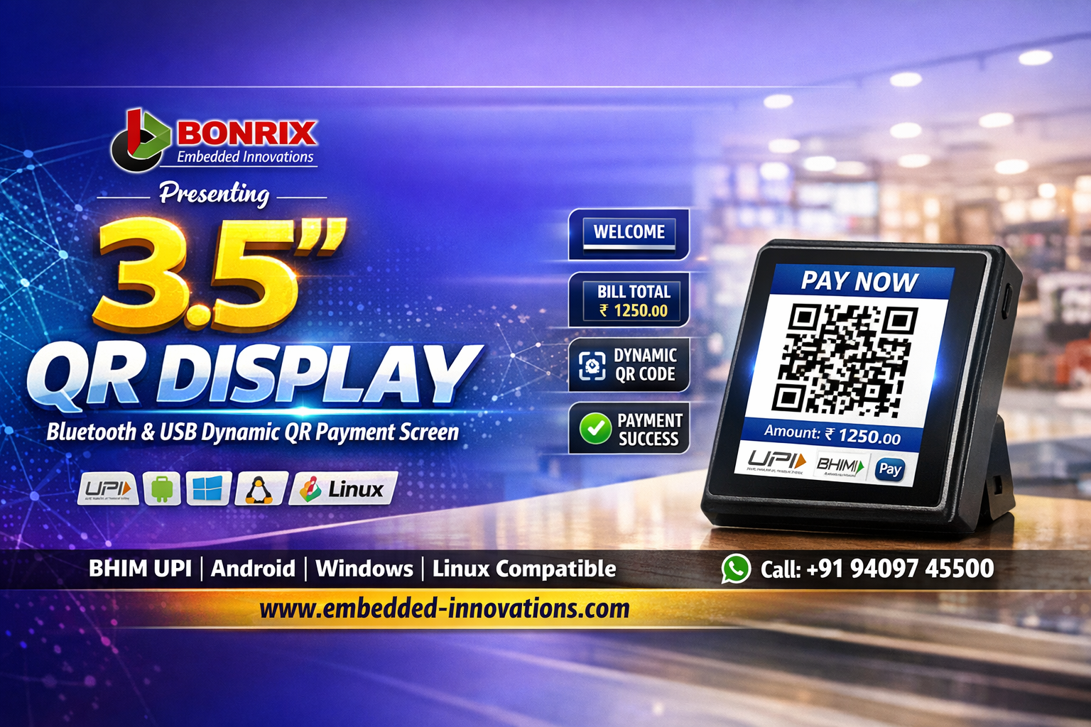 Bonrix 3.5 inch Bluetooth USB Dynamic QR Display for retail POS with BHIM UPI payment collection