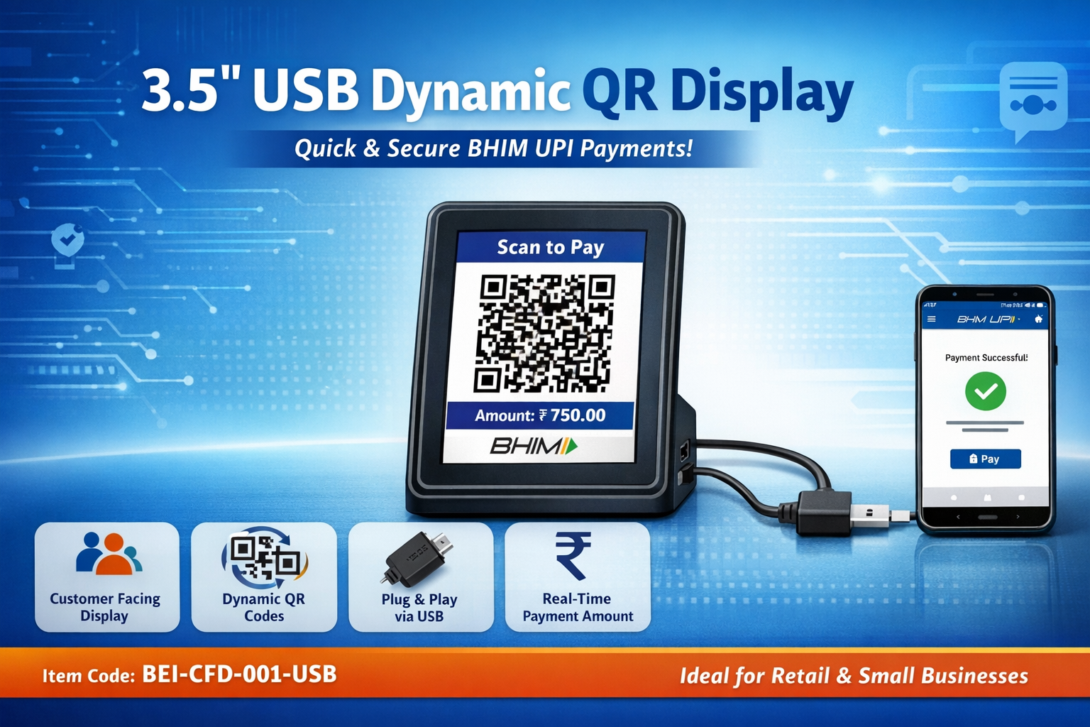 Bonrix 3.5 inch USB Dynamic QR Display BEI-CFD-001-USB connected to Android handset via OTG cable for BHIM UPI payments