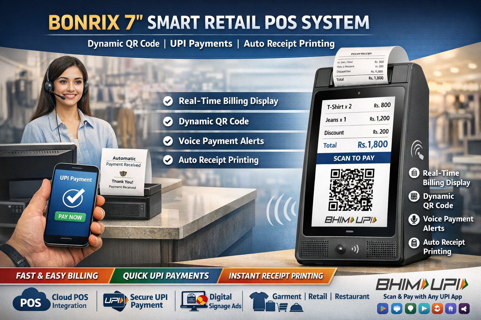 Bonrix 7 Inch Smart Retail Dynamic QR Code Portrait Display with Soundbox integrated with Bonrix Cloud POS for smart billing and UPI payments