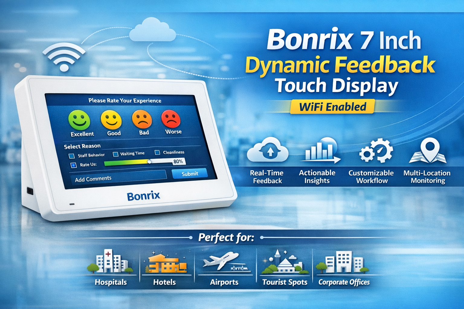 Bonrix 7 Inch Dynamic Feedback Touch Display WiFi Enabled Landscape mode for hospitals hotels airports customer feedback collection