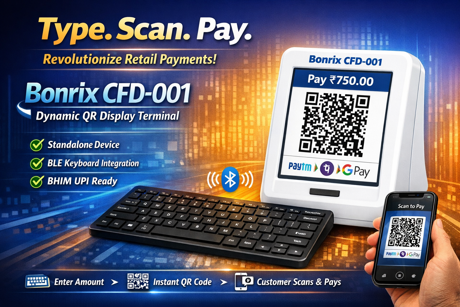 Bonrix CFD-001 Customer Facing Dynamic QR Display with BLE keypad for standalone UPI payment collection at retail counters